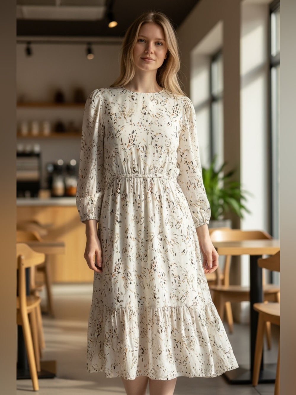 a new day Cream Long Sleeve Midi Dress